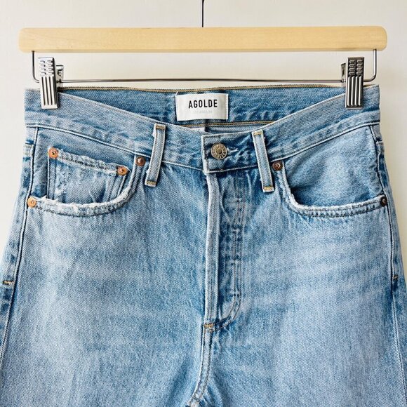 Agolde Distressed knees ankle high rise slim legs jeans, blue, Size 25 M50 - Picture 5 of 13
